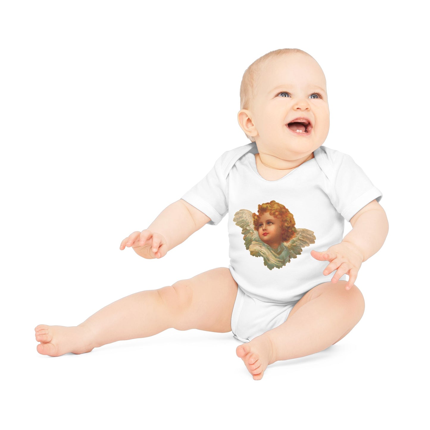 Vintage Cherub Face Organic Cotton Short-Sleeve Baby Bodysuit