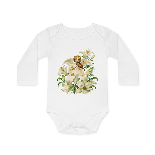 Vintage Angel with Violin white organic cotton long-sleeve baby bodysuit