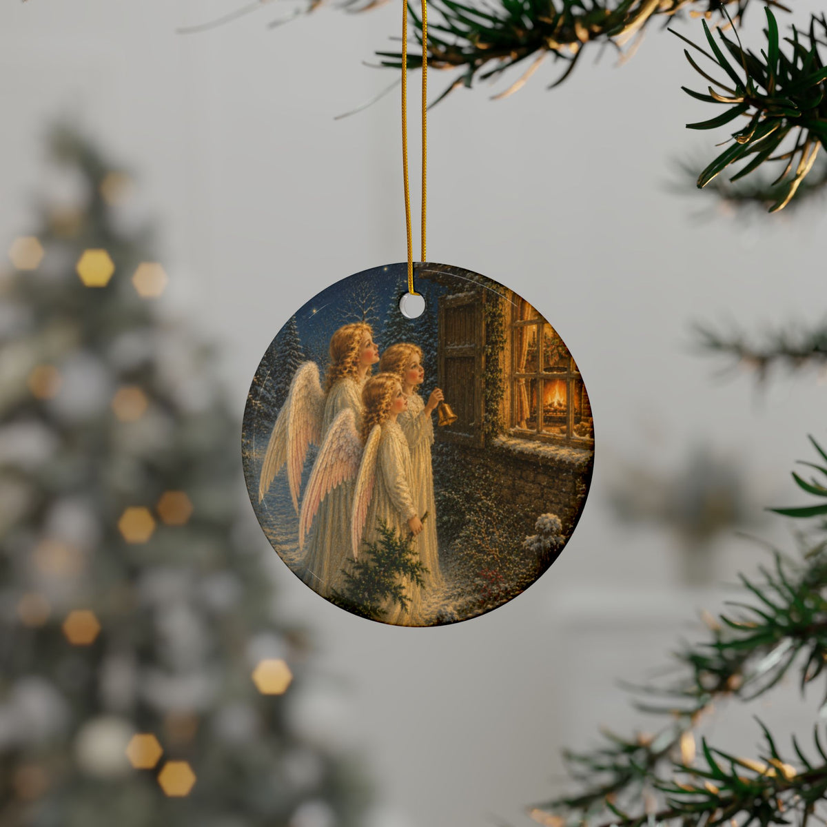 Christmas Angels at Window Ceramic Christmas Ornament, Double-Sided Keepsake