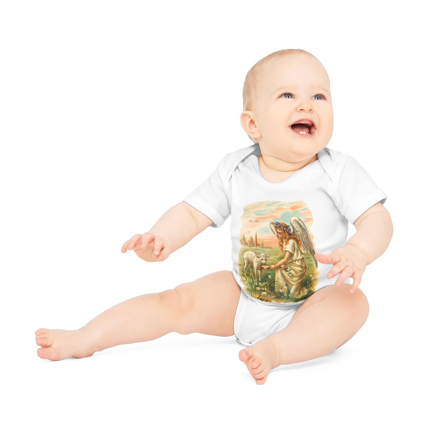 Antique Angel with Lamb Organic Cotton Short-Sleeve Baby Bodysuit