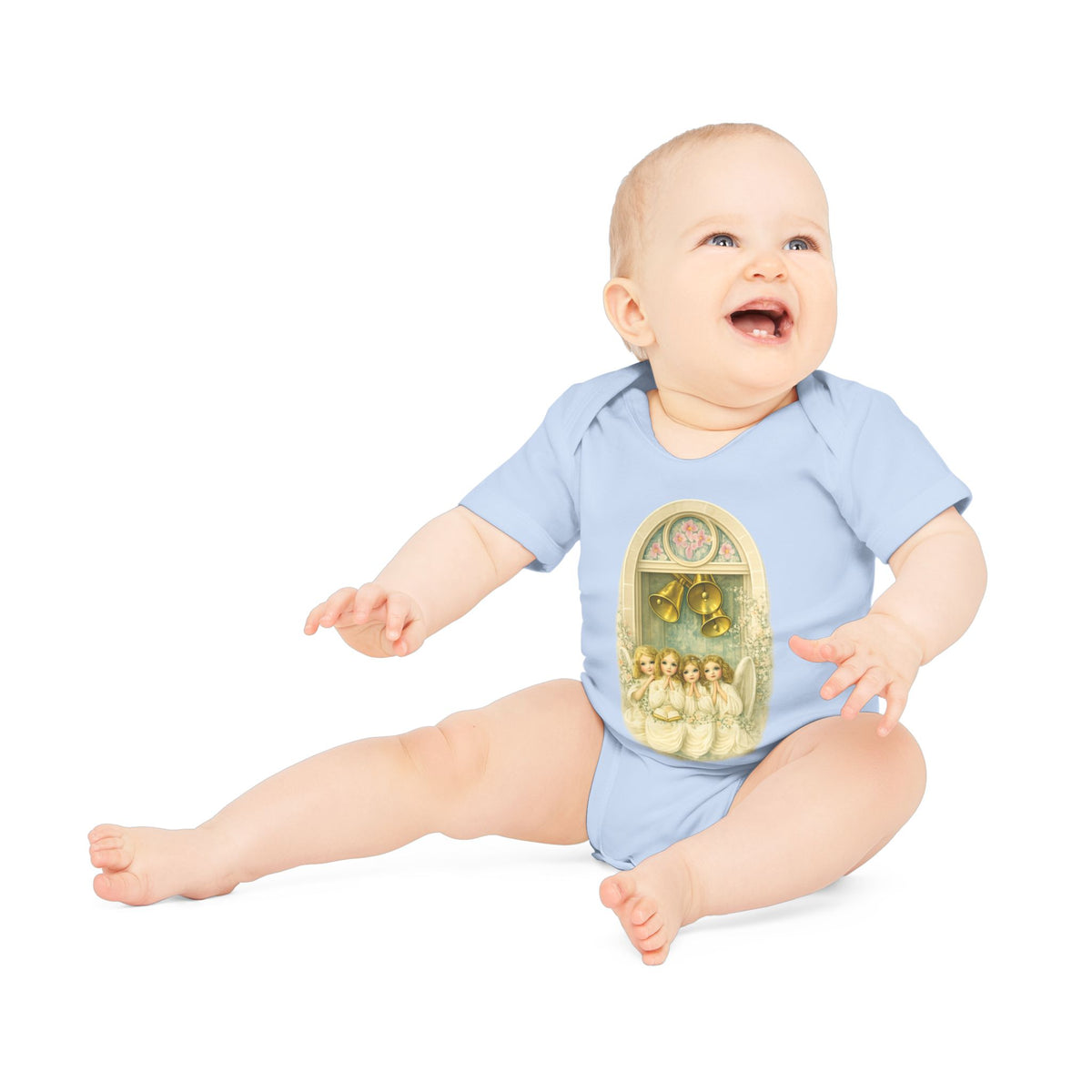 Praying Angels Under Church Bells Organic Cotton Short-Sleeve Baby Bodysuit