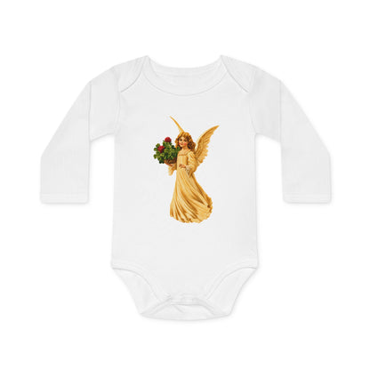 Vintage Angel with Four-Leaf Clover Organic Cotton Long-Sleeve Baby Bodysuit