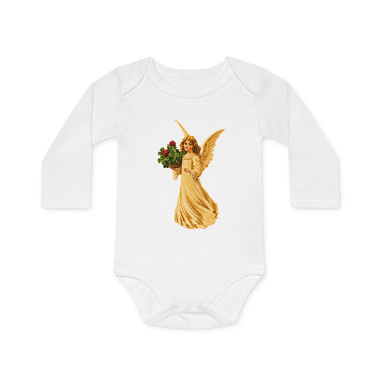 Vintage Angel with Four-Leaf Clover Organic Cotton Long-Sleeve Baby Bodysuit
