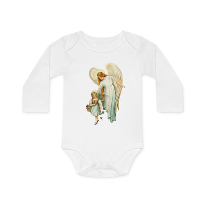 Victorian Guardian Angel with Girl white organic cotton long-sleeve baby bodysuit