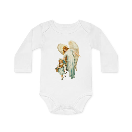 Victorian Guardian Angel with Girl white organic cotton long-sleeve baby bodysuit