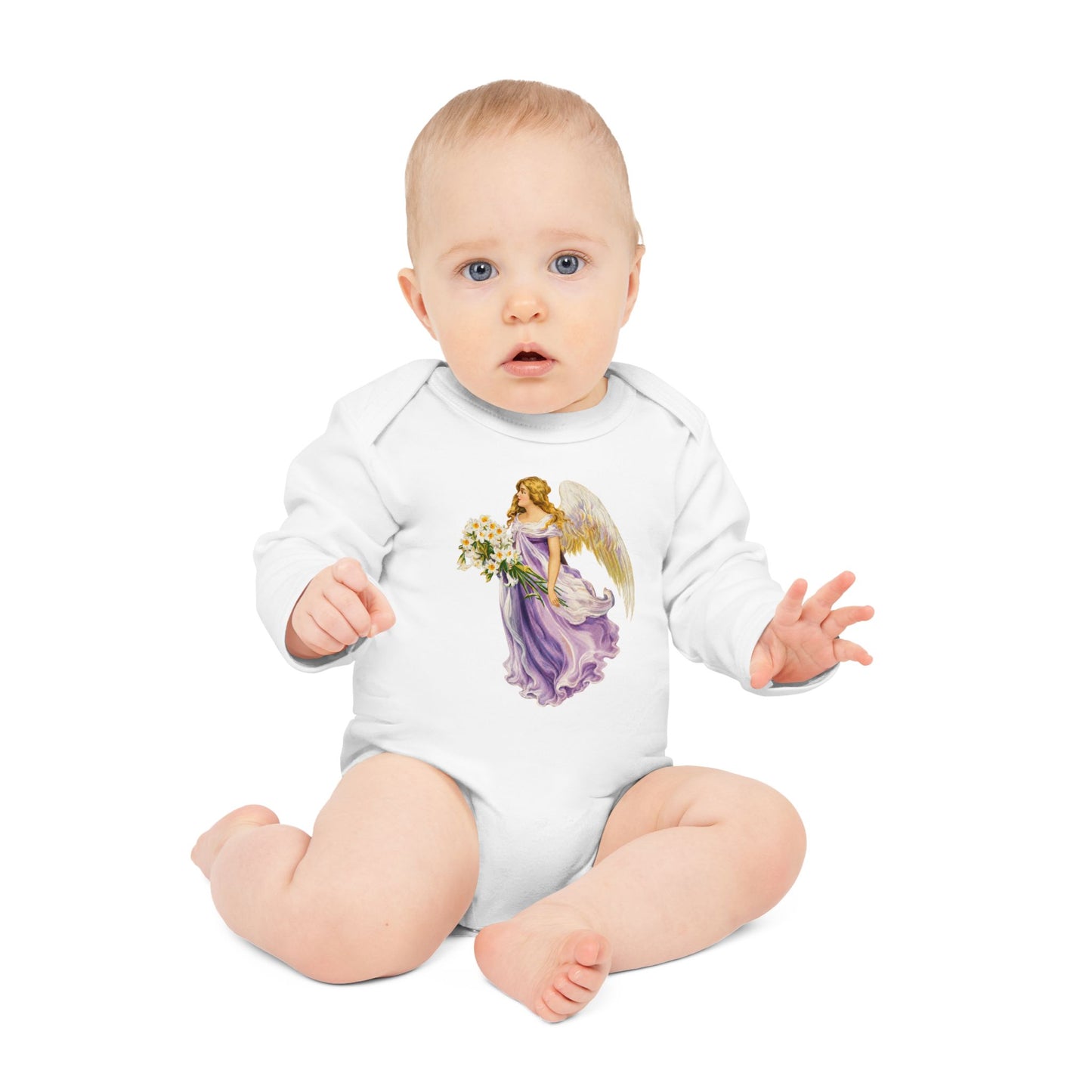 Baby wearing Vintage Angel in Purple white organic cotton long-sleeve bodysuit