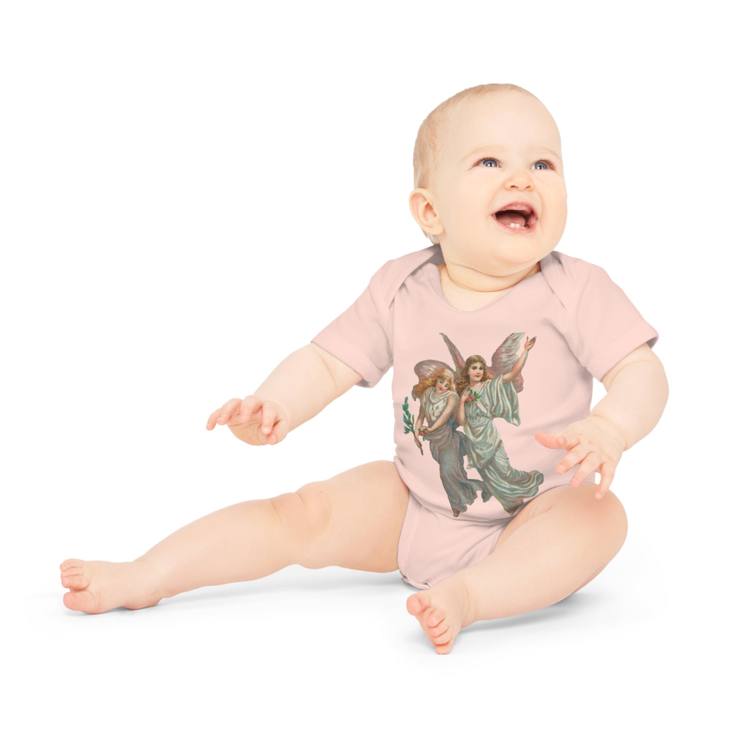 Victorian Organics baby bodysuit cotton short sleeve heavenly angel art - powder pink