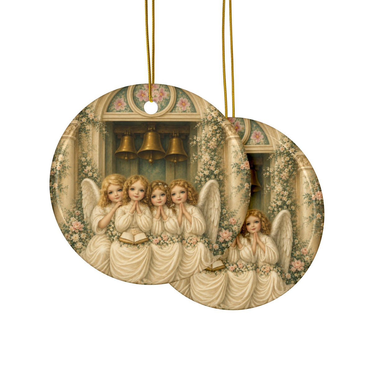 Praying Angels Under Church Bells Ceramic Holiday Ornament, Double-Sided Keepsake