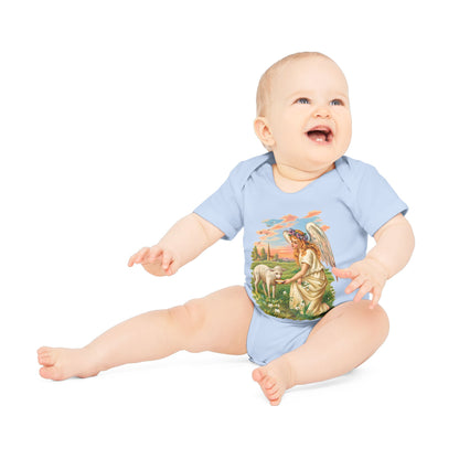 Antique Angel with Lamb Organic Cotton Short-Sleeve Baby Bodysuit