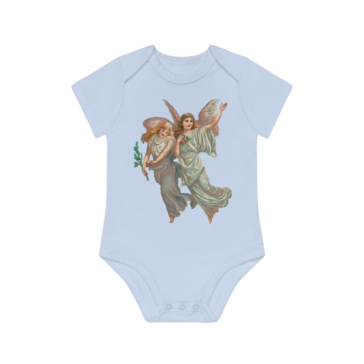 Victorian Organics baby bodysuit cotton short sleeve heavenly angel art - dusty blue