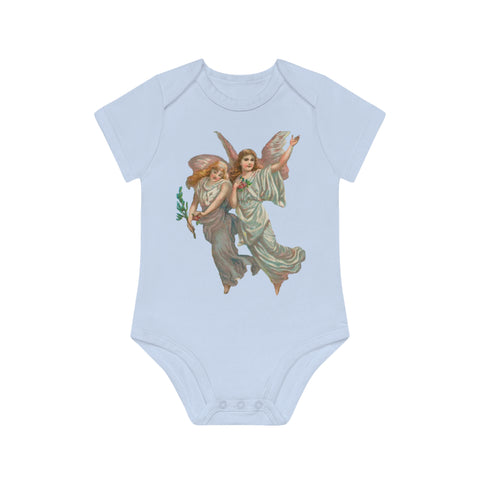 Victorian Organics baby bodysuit cotton short sleeve heavenly angel art - dusty blue