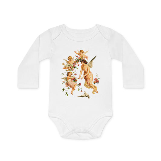 Victorian Angel with Cherubs white organic cotton long-sleeve baby bodysuit