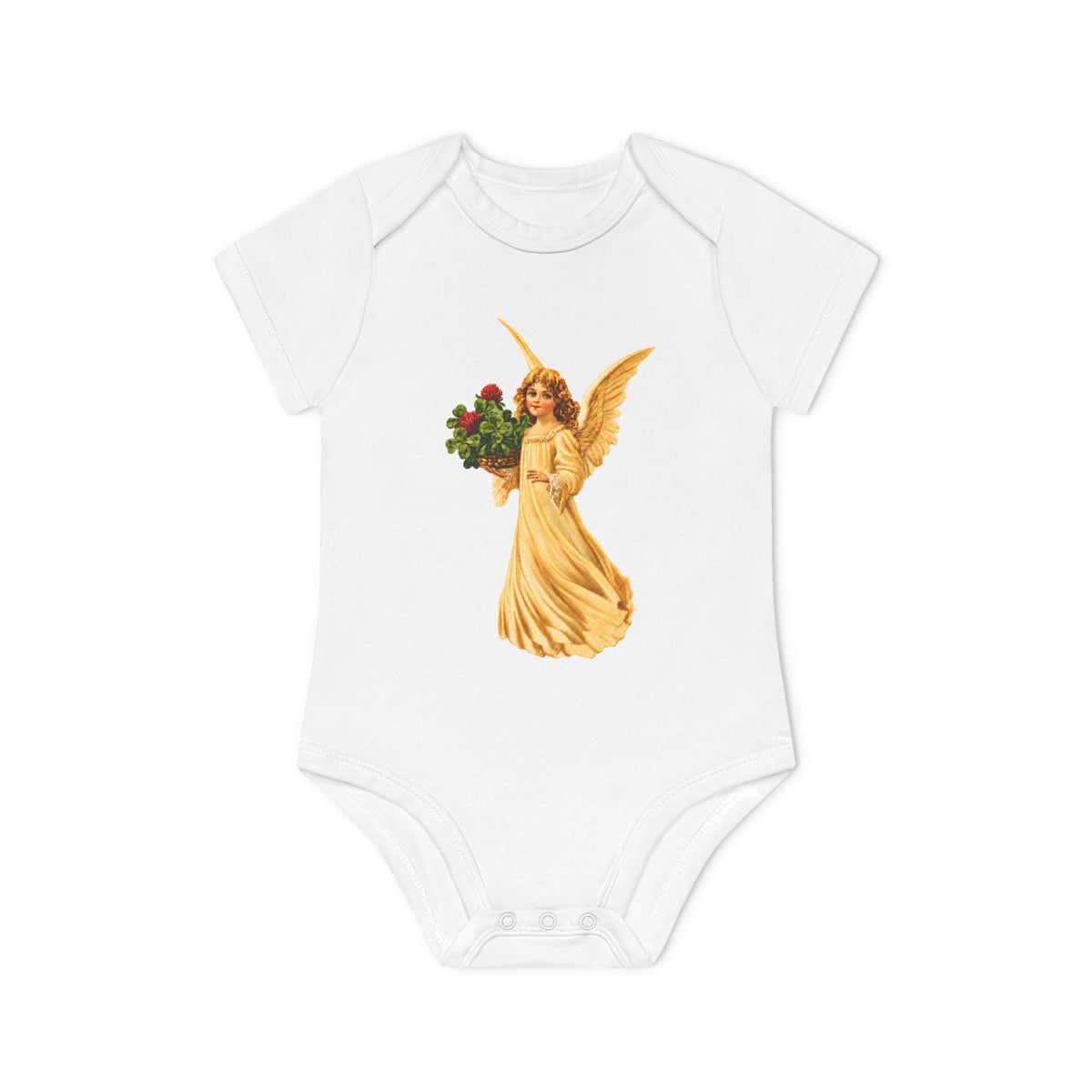 Vintage Angel with Four-Leaf Clover Organic Cotton Short-Sleeve Baby Bodysuit