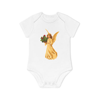 Vintage Angel with Four-Leaf Clover Organic Cotton Short-Sleeve Baby Bodysuit