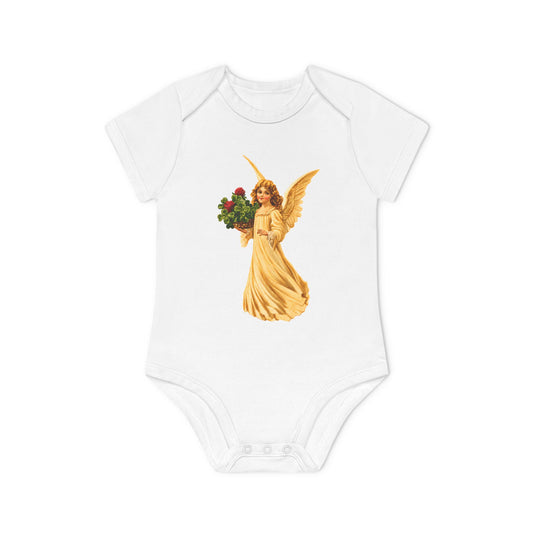 Vintage Angel with Four-Leaf Clover Organic Cotton Short-Sleeve Baby Bodysuit