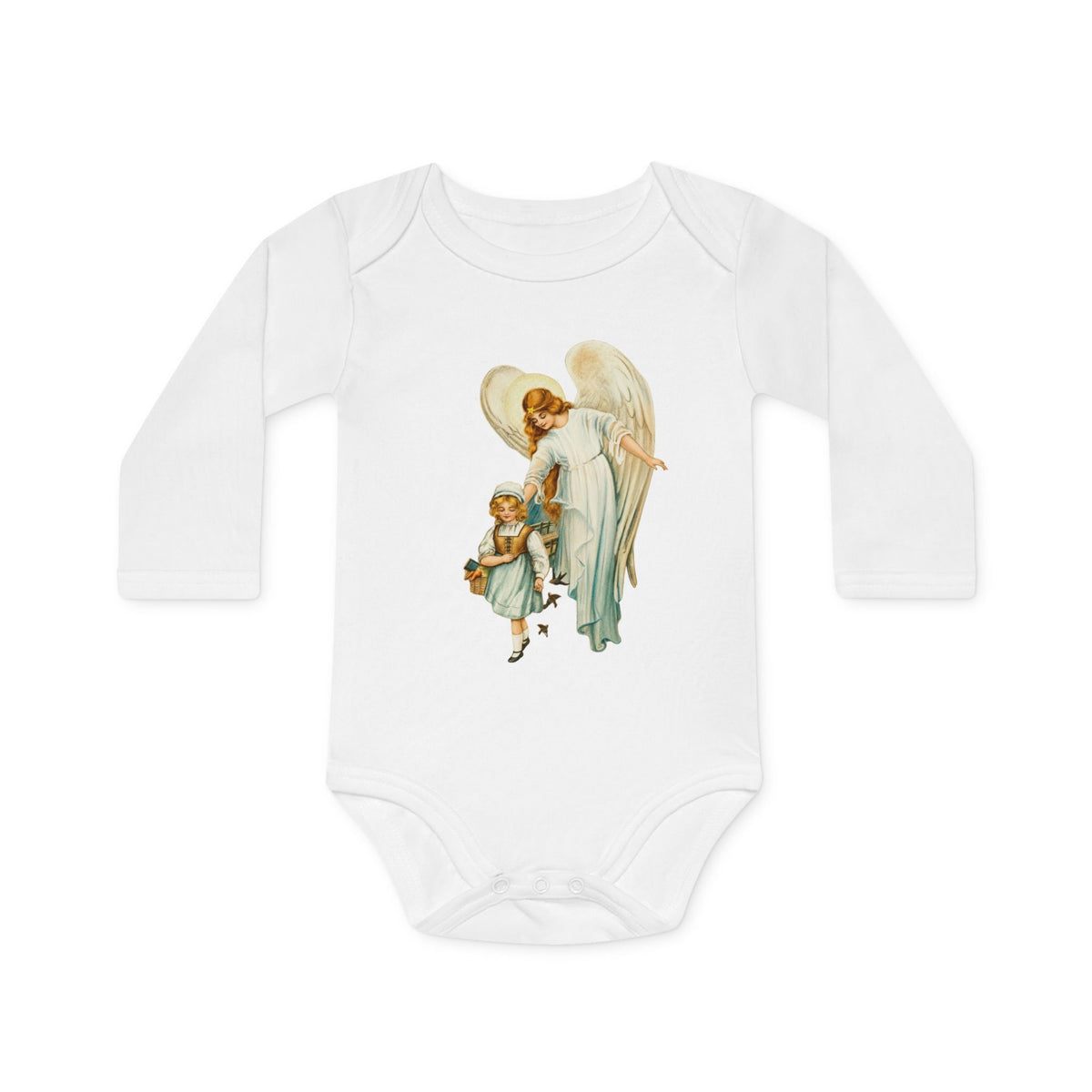 Victorian Guardian Angel with Girl Organic Cotton Long-Sleeve Baby Bodysuit