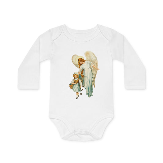 Victorian Guardian Angel with Girl Organic Cotton Long-Sleeve Baby Bodysuit