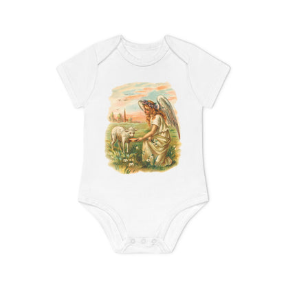 Antique Angel with Lamb white organic cotton short-sleeve baby bodysuit