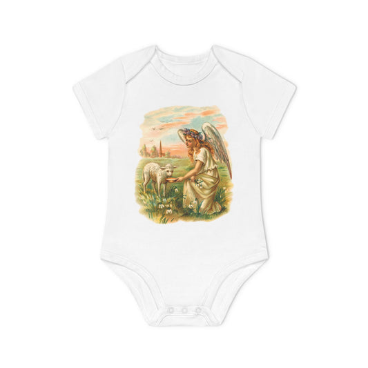 Antique Angel with Lamb white organic cotton short-sleeve baby bodysuit