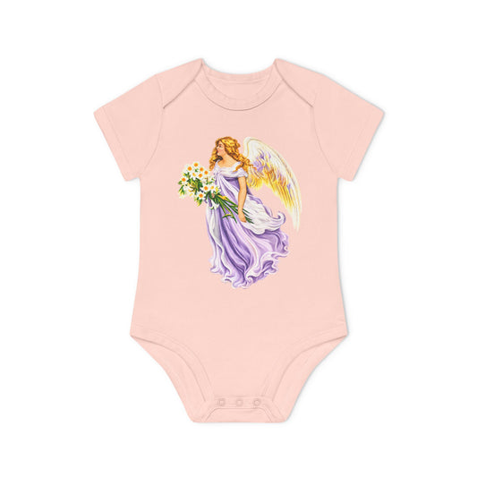 Vintage Angel in Purple Organic Cotton Short-Sleeve Baby Bodysuit
