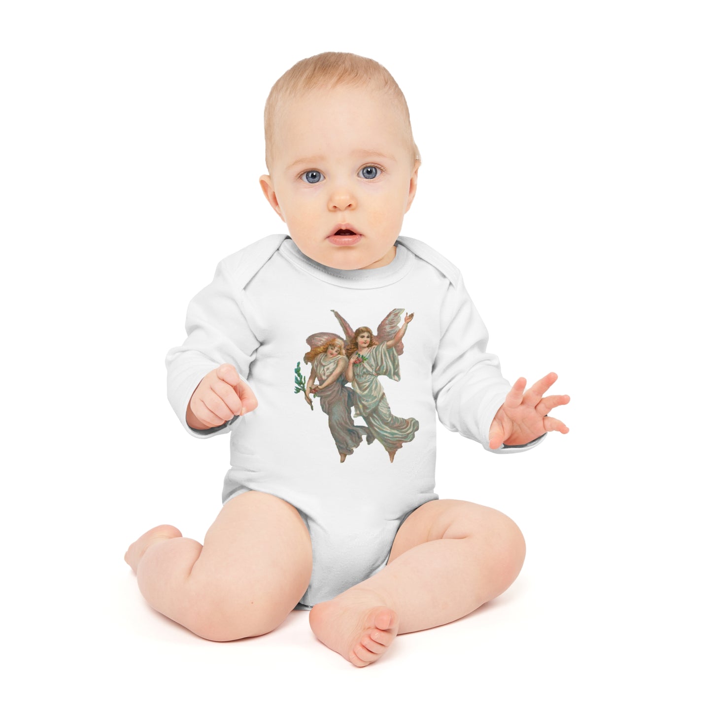 Victorian Organics baby bodysuit cotton long sleeve heavenly angel art