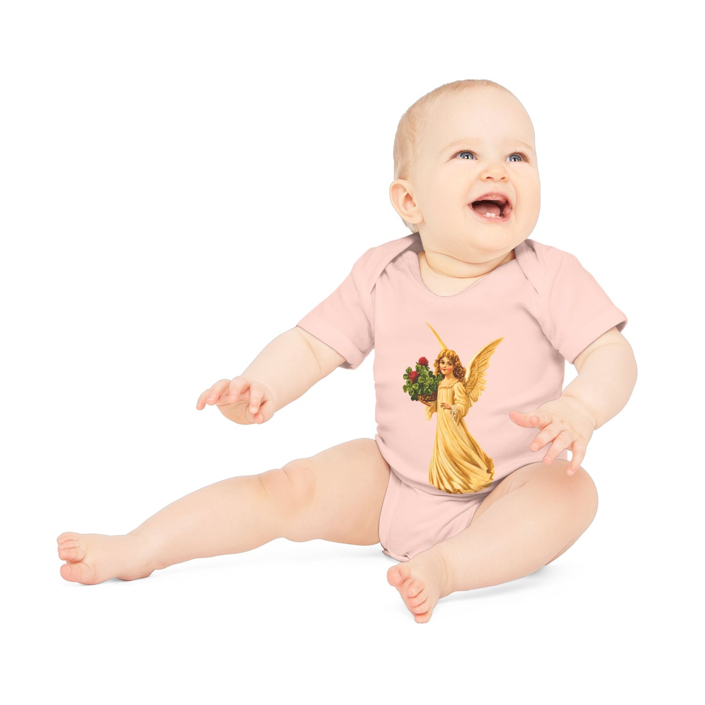 Vintage Angel with Four-Leaf Clover Organic Cotton Short-Sleeve Baby Bodysuit