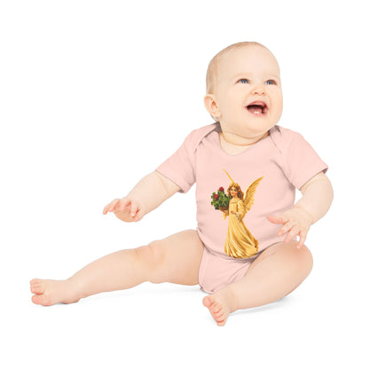Vintage Angel with Four-Leaf Clover Organic Cotton Short-Sleeve Baby Bodysuit
