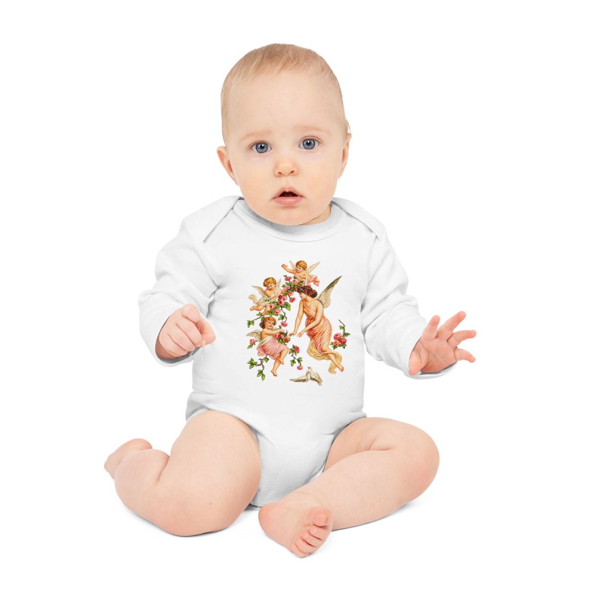 Victorian Angel with Cherubs Organic Cotton Long-Sleeve Baby Bodysuit