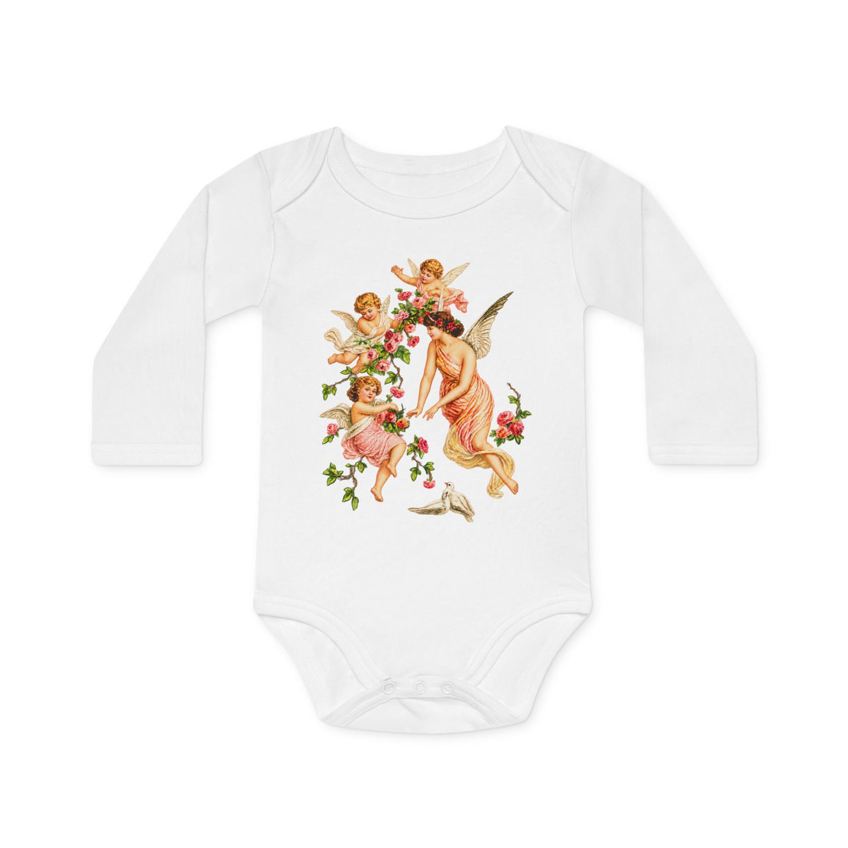 Victorian Angel with Cherubs Organic Cotton Long-Sleeve Baby Bodysuit