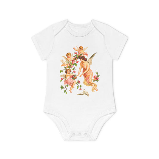 Victorian Angel with Cherubs Organic Cotton Short-Sleeve Baby Bodysuit