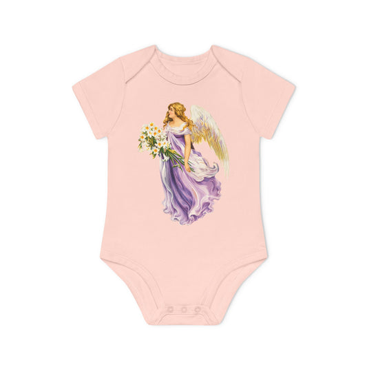 Vintage Angel in Purple powder pink organic cotton short-sleeve baby bodysuit