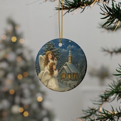 Christmas Angels in Snow Ceramic Holiday Ornament, Double-Sided Keepsake