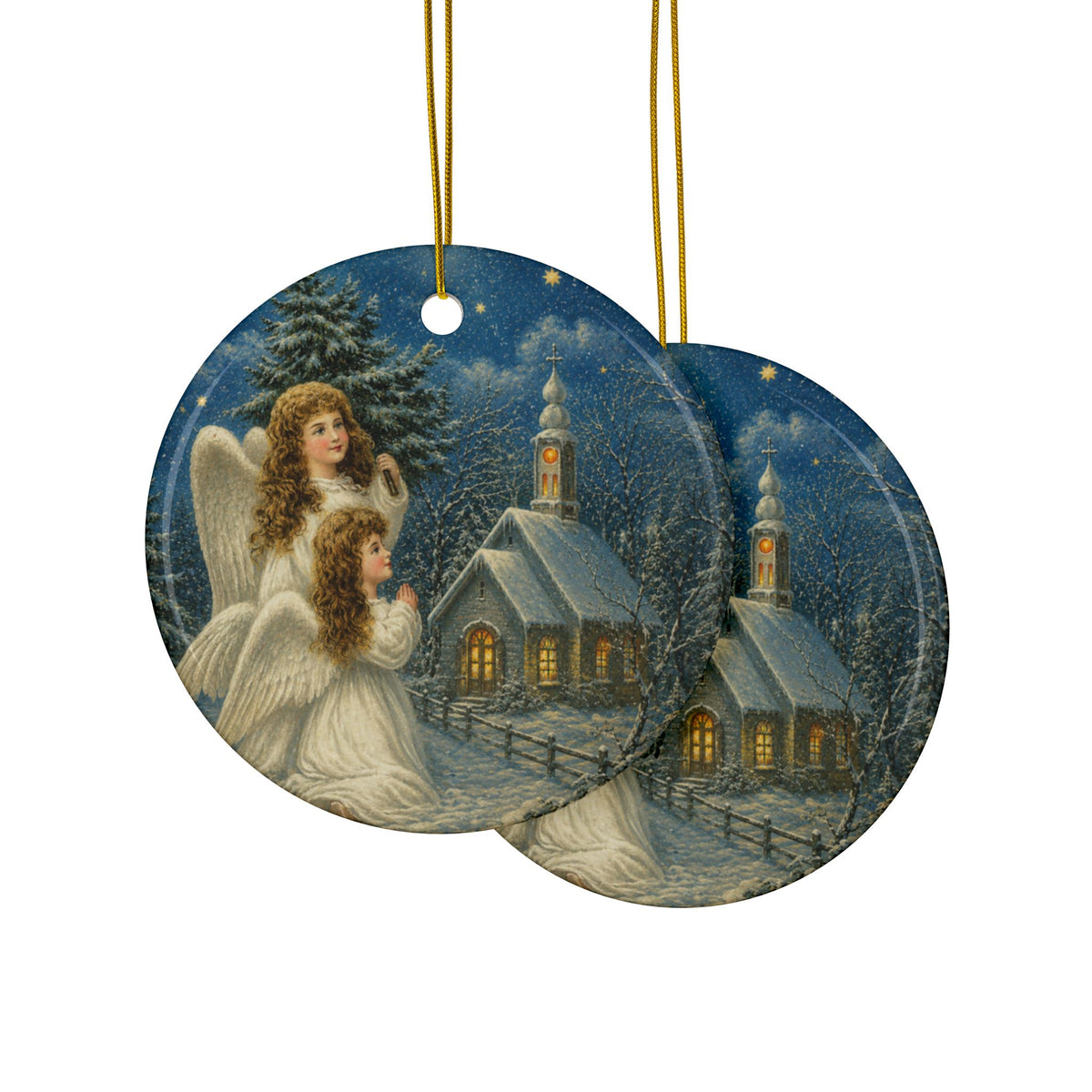 Christmas Angels in Snow Ceramic Holiday Ornament, Double-Sided Keepsake