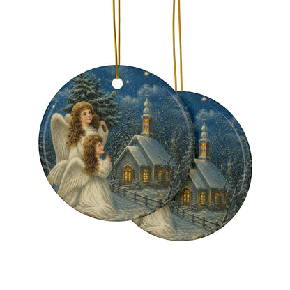 Christmas Angels in Snow Ceramic Holiday Ornament, Double-Sided Keepsake