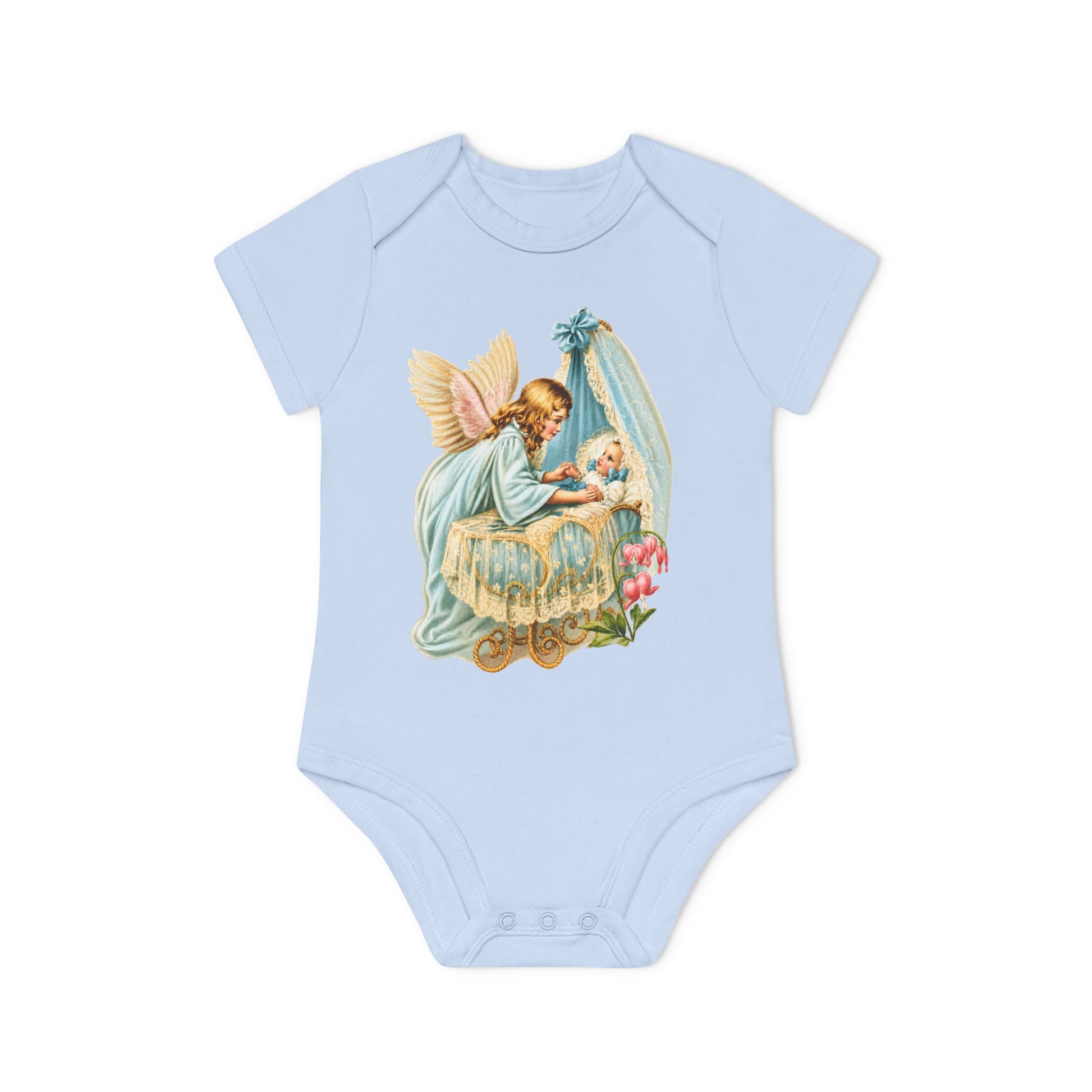 Guardian Angel by the Bassinet dusty blue organic cotton short-sleeve baby bodysuit