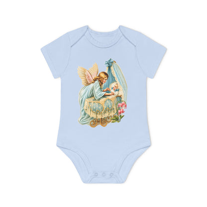 Guardian Angel by the Bassinet dusty blue organic cotton short-sleeve baby bodysuit