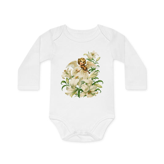 Vintage Angel with Violin Organic Cotton Long-Sleeve Baby Bodysuit