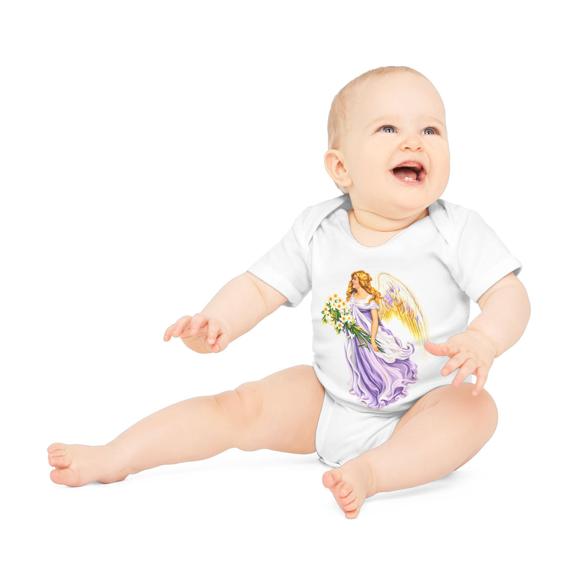 Vintage Angel in Purple Organic Cotton Short-Sleeve Baby Bodysuit