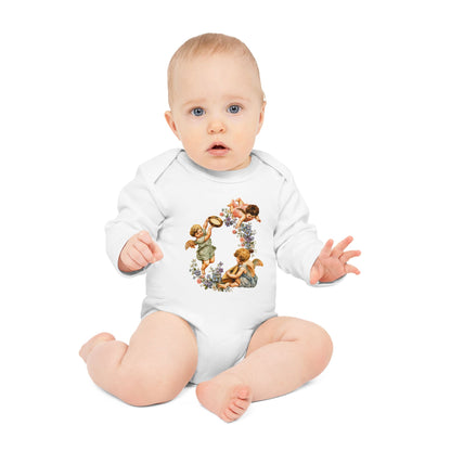 Baby wearing Classic Cherub Musicians white organic cotton long-sleeve bodysuit