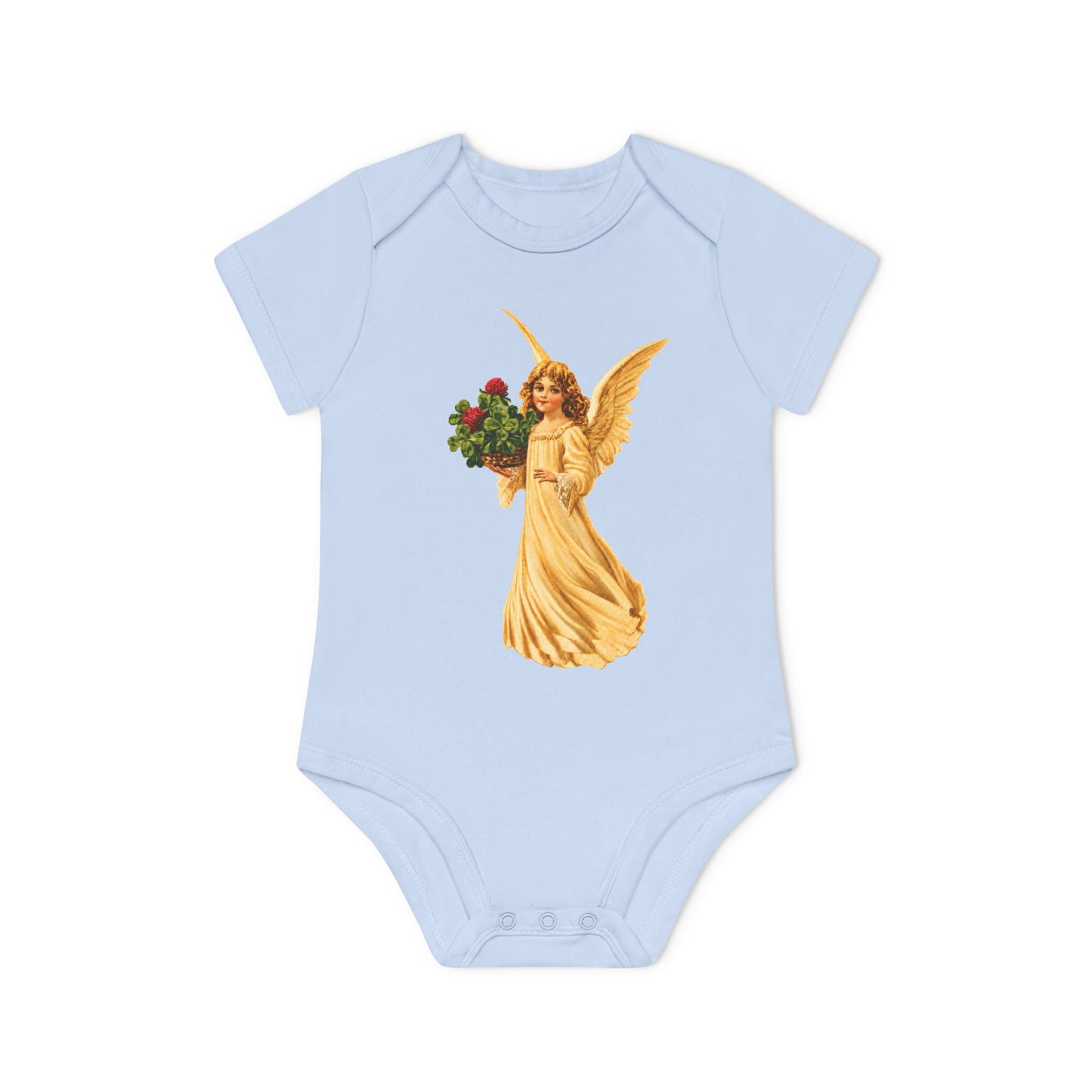 Vintage Angel with Four-Leaf Clover Organic Cotton Short-Sleeve Baby Bodysuit