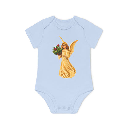 Vintage Angel with Four-Leaf Clover Organic Cotton Short-Sleeve Baby Bodysuit
