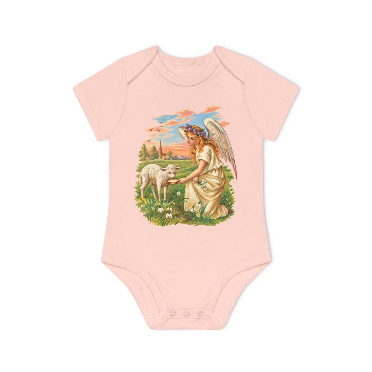 Antique Angel with Lamb Organic Cotton Short-Sleeve Baby Bodysuit