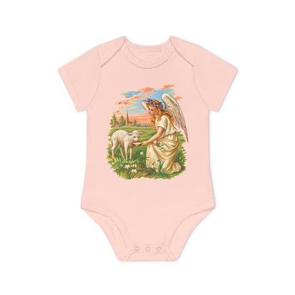 Antique Angel with Lamb Organic Cotton Short-Sleeve Baby Bodysuit