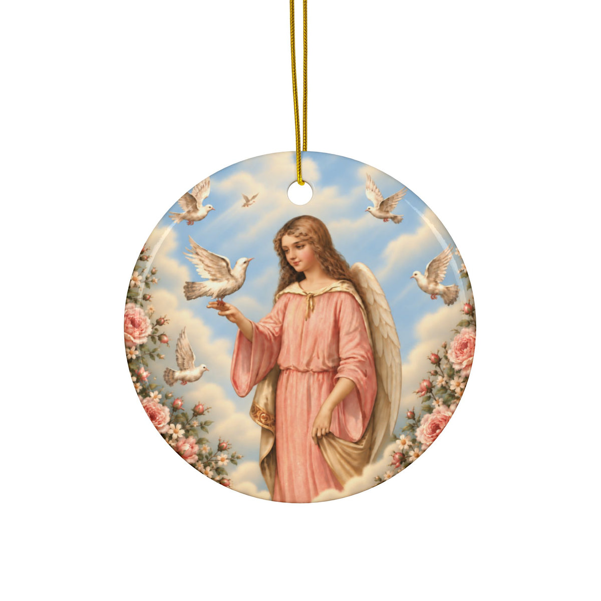 Victorian Peace Angel with Dove Ceramic Ornament, Double-Sided Keepsake