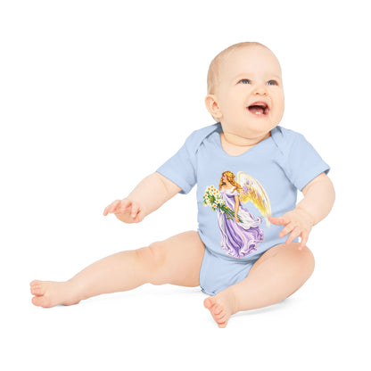 Vintage Angel in Purple Organic Cotton Short-Sleeve Baby Bodysuit