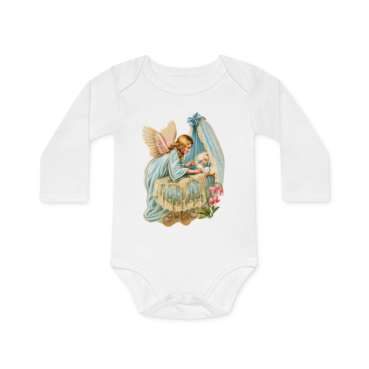 Guardian Angel by the Bassinet white organic cotton long-sleeve baby bodysuit