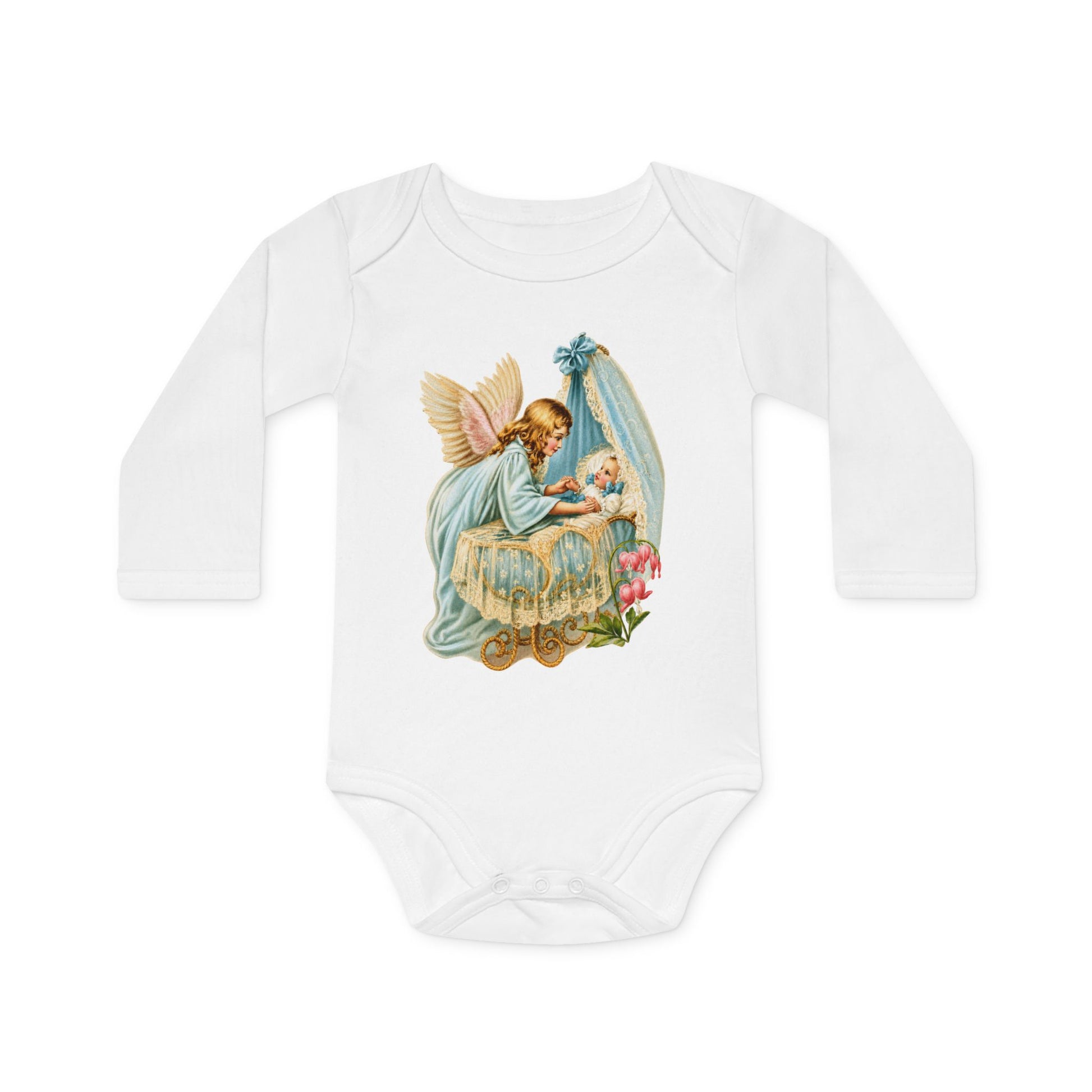 Guardian Angel by the Bassinet white organic cotton long-sleeve baby bodysuit