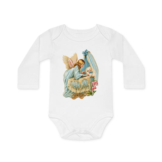 Guardian Angel by the Bassinet white organic cotton long-sleeve baby bodysuit