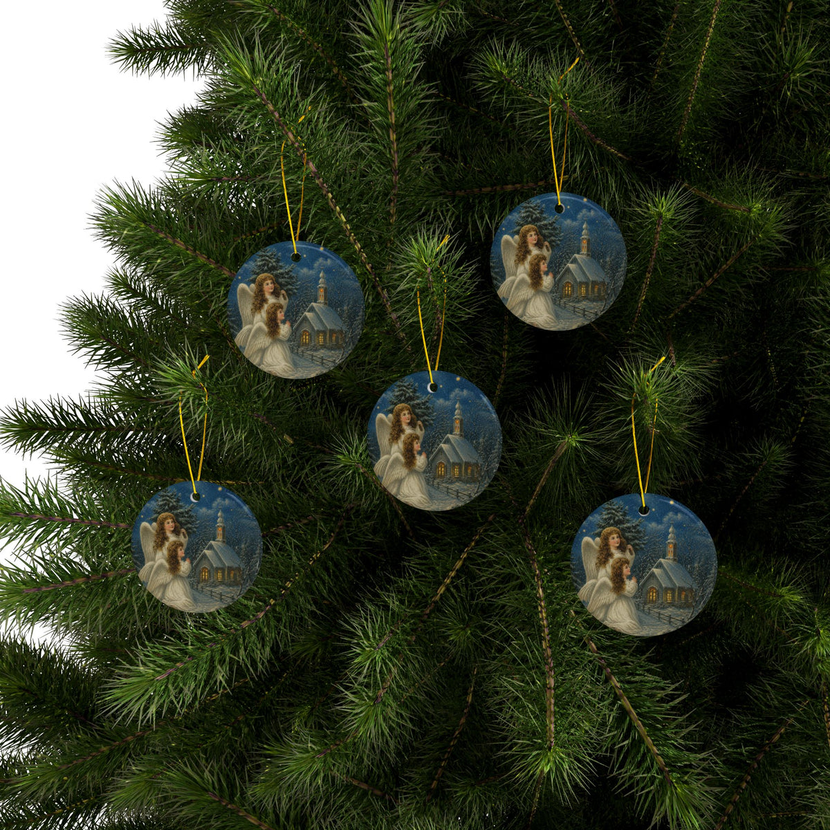 Christmas Angels in Snow Ceramic Holiday Ornament, Double-Sided Keepsake
