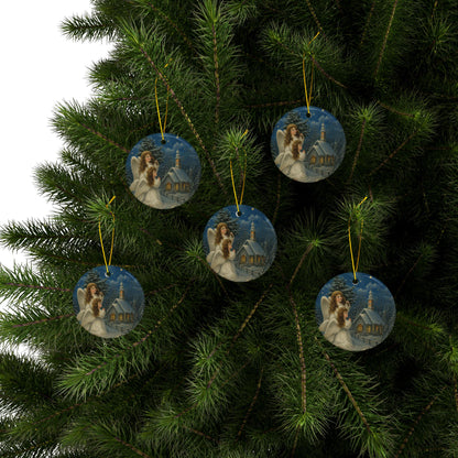Christmas Angels in Snow Ceramic Holiday Ornament, Double-Sided Keepsake